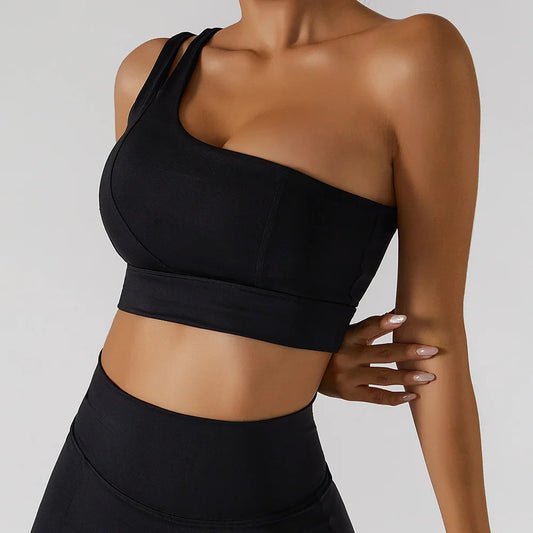 ONE SHOULDER CUT OUT SPORTS BRA - BLACK