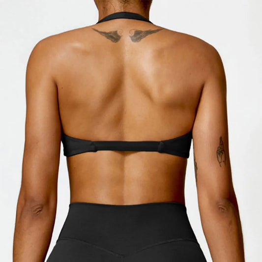HALTER NECK TWIST SPORTS BRA - BLACK