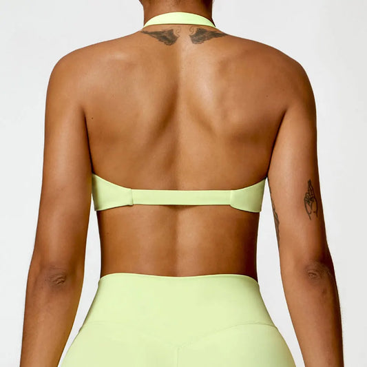 HALTER NECK TWIST SPORTS BRA - LIME