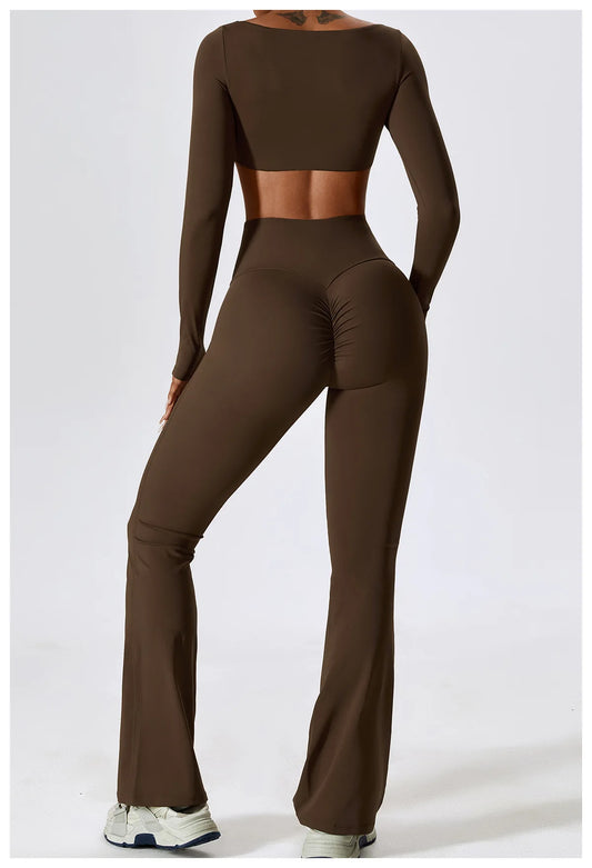SQUARE NECK CROPPED GYM SET - BROWN