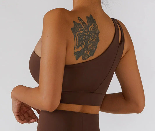 ONE SHOULDER CUT OUT SPORTS BRA - BROWN