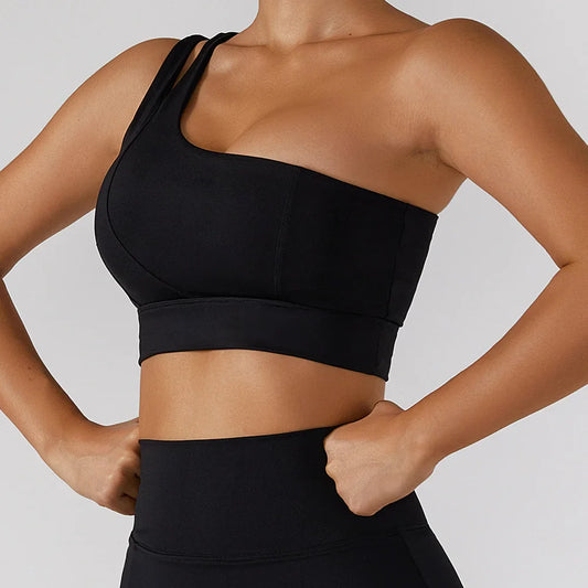 ONE SHOULDER CUT OUT SPORTS BRA - BLACK