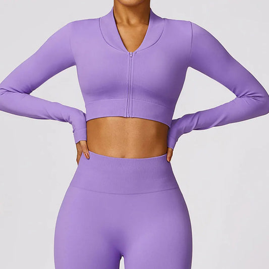 CROPPED RIBBED SPORTS JACKET - PURPLE
