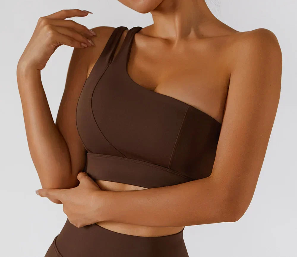 ONE SHOULDER CUT OUT SPORTS BRA - BROWN