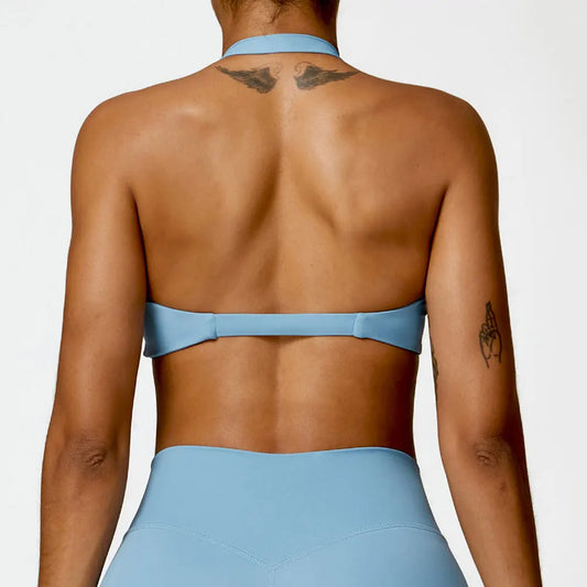 HALTER NECK TWIST SPORTS BRA - BLUE