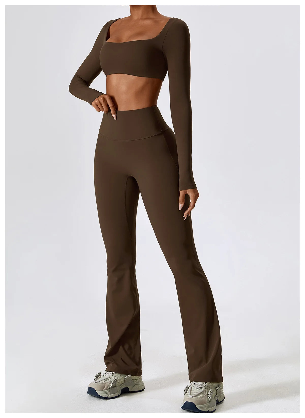 SQUARE NECK CROPPED GYM SET - BROWN