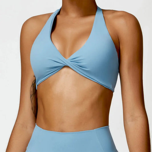 HALTER NECK TWIST SPORTS BRA - BLUE