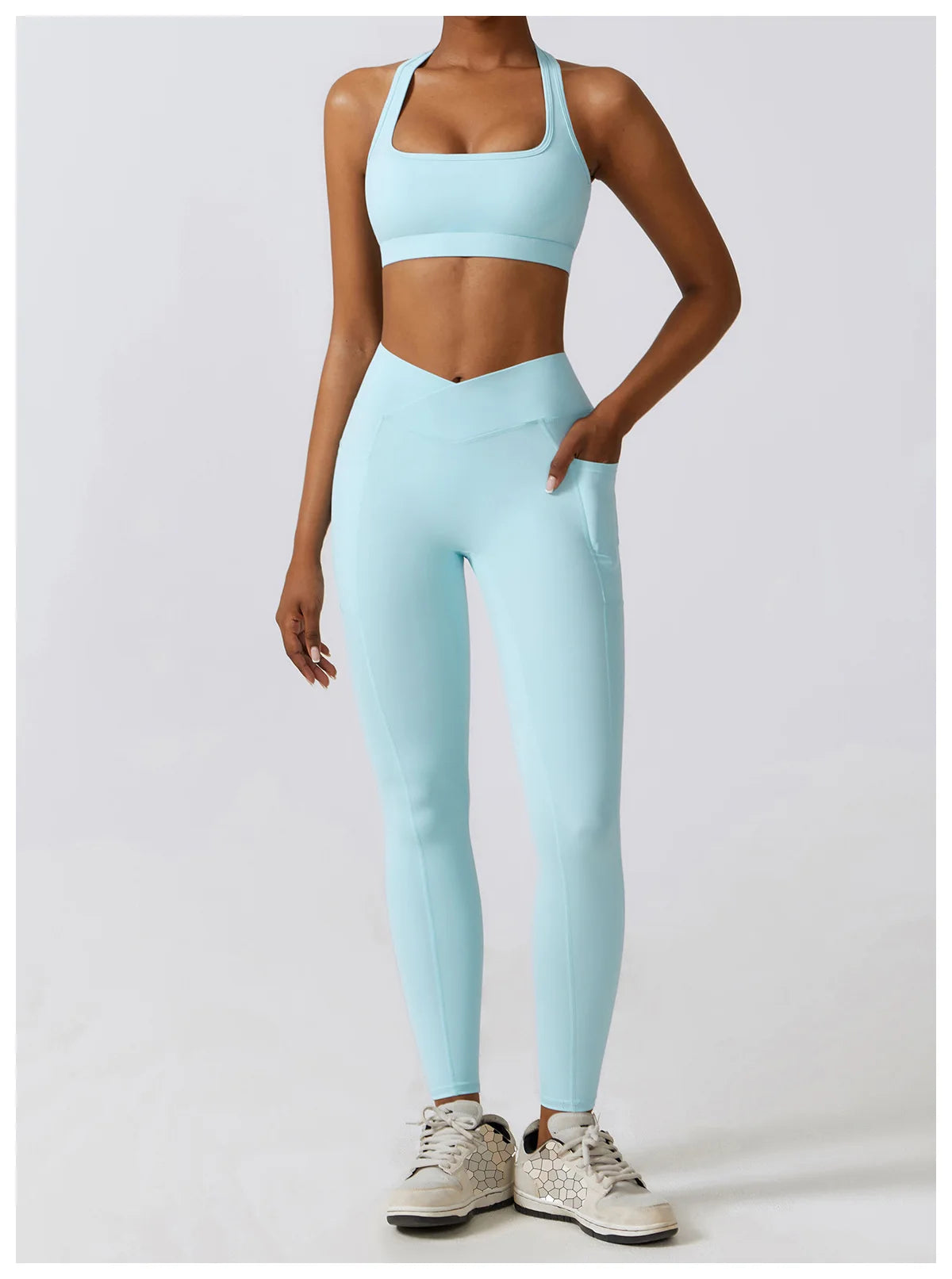 Crossed Waist Pocket Leggings - Turquoise