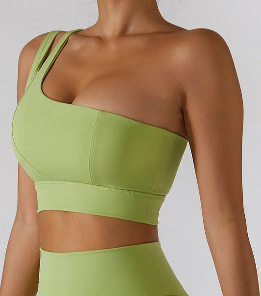ONE SHOULDER CUT OUT SPORTS BRA - GREEN