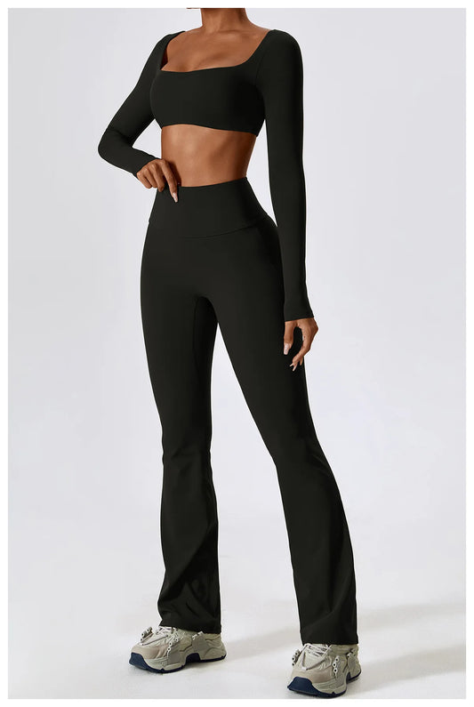SQUARE NECK CROPPED GYM SET - BLACK