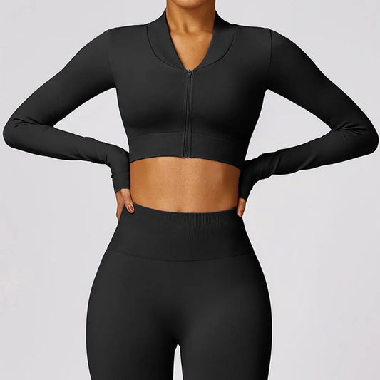 CROPPED RIBBED SPORTS JACKET - BLACK