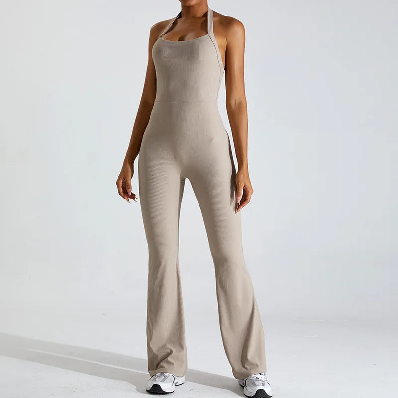 HALTER-NECK YOGA JUMPSUIT - CAMMEL