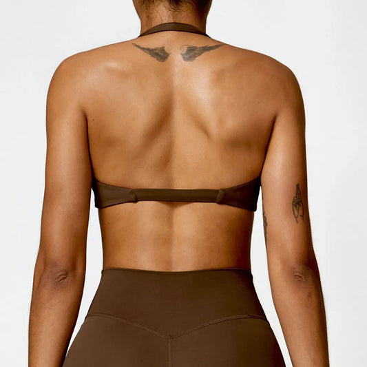 HALTER NECK TWIST SPORTS BRA - BROWN