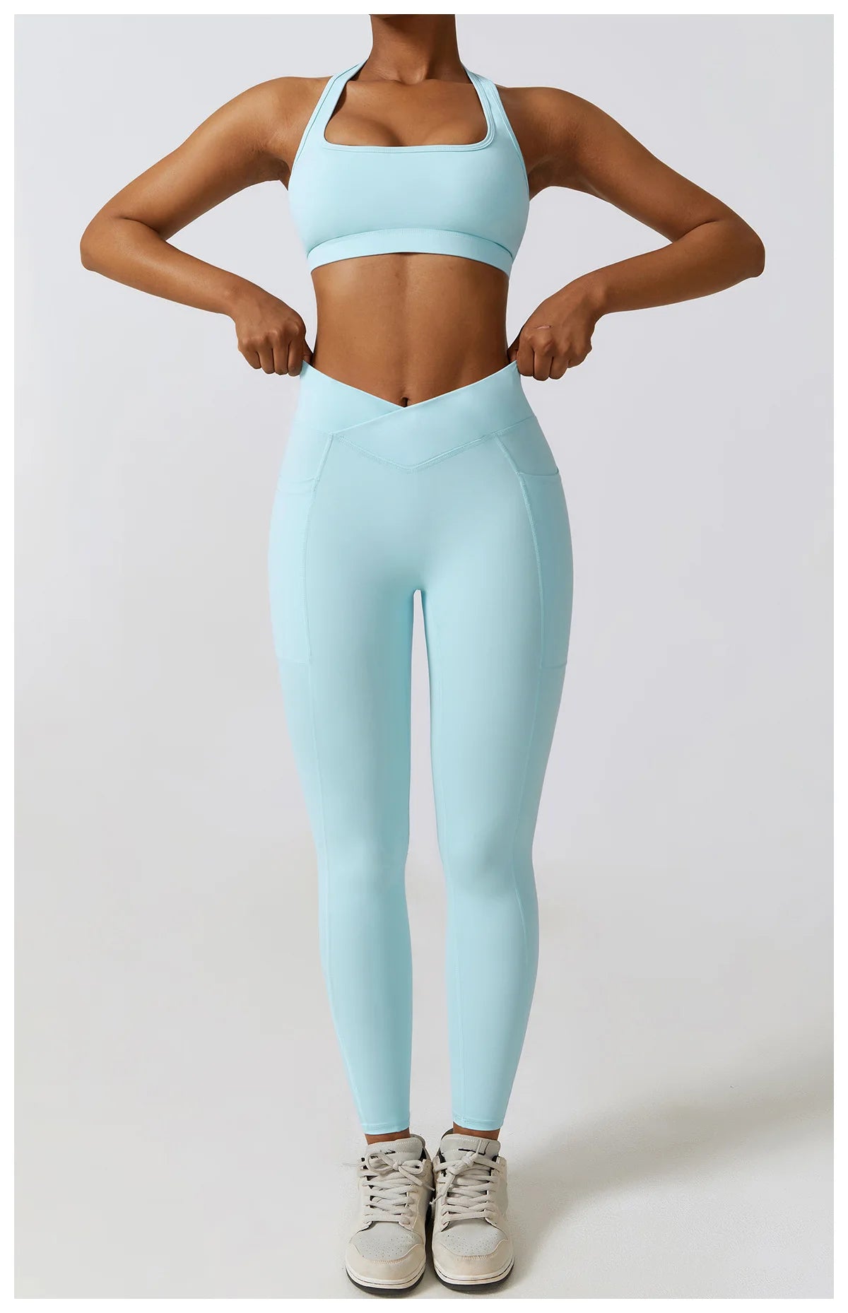 Crossed Waist Pocket Leggings - Turquoise
