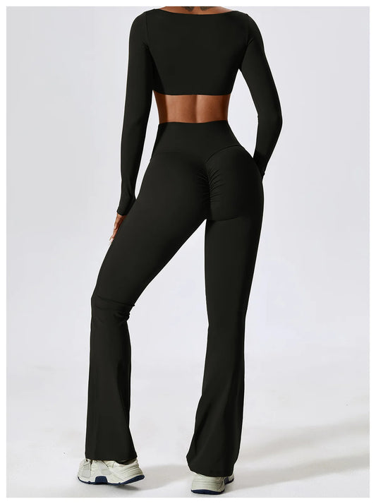SQUARE NECK CROPPED GYM SET - BLACK